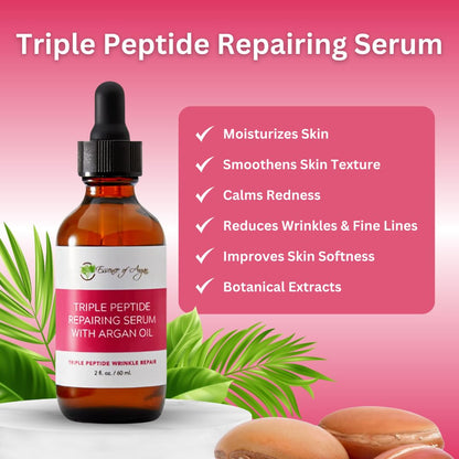 Triple Peptide Serum for Face with Argan Oil, Aloe Vera, Chamomile, Green Tea and Olive Oil - for Deep Moisturizing and Glowing Skin - 2Fl.Oz/60Ml